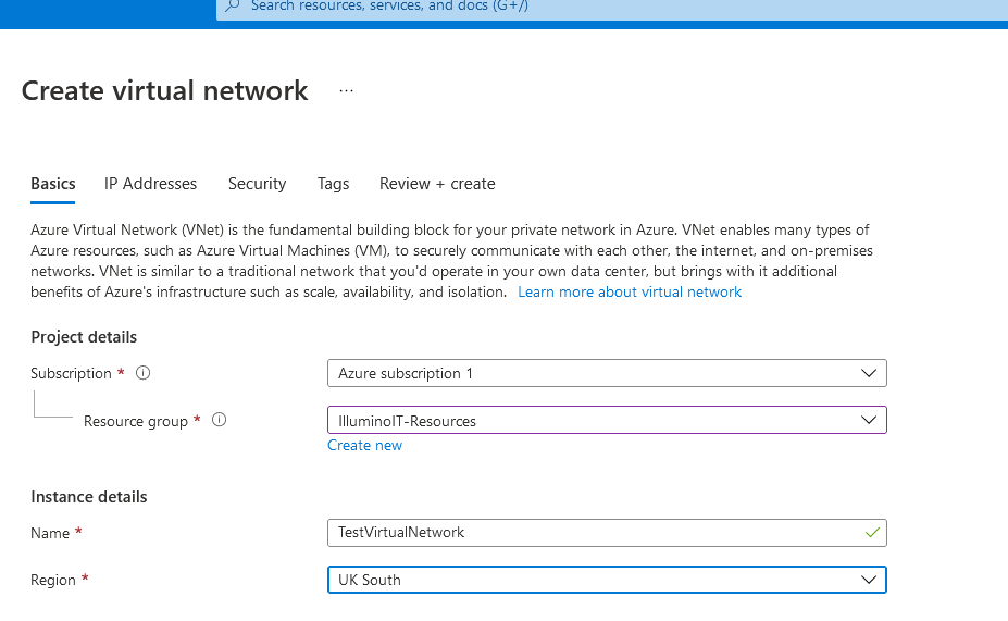 Create Virtual Network Step 1