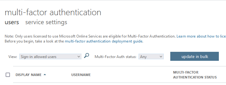 MFA Per User Screen
