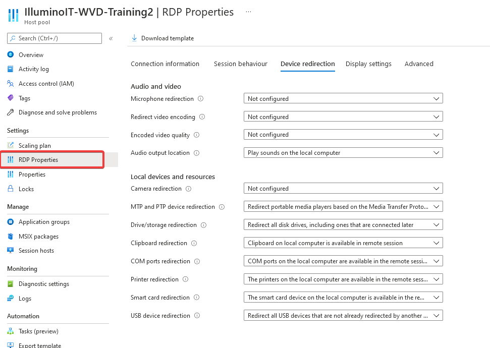 WVD Host Pool RDP Settings